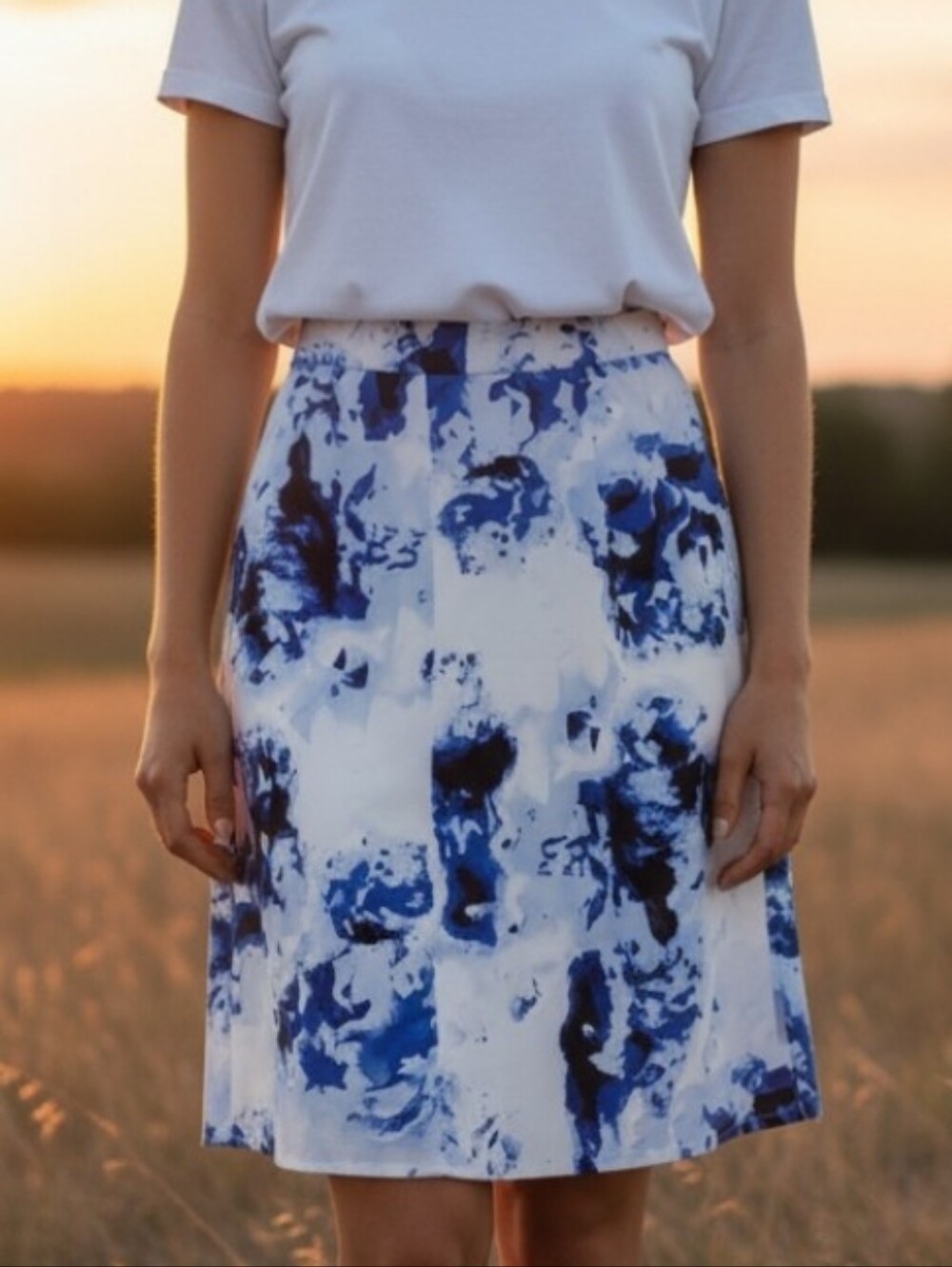 Cute And Dainty Blue and White Patterned Midi Skirt - Picture 2 of 3